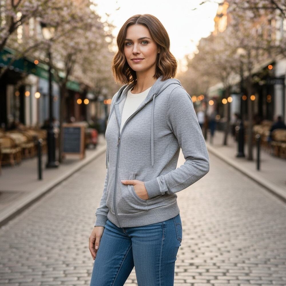 Banana Republic Women’s Gray Solid Full Zip Hoodie Long Sleeve Pockets Medium